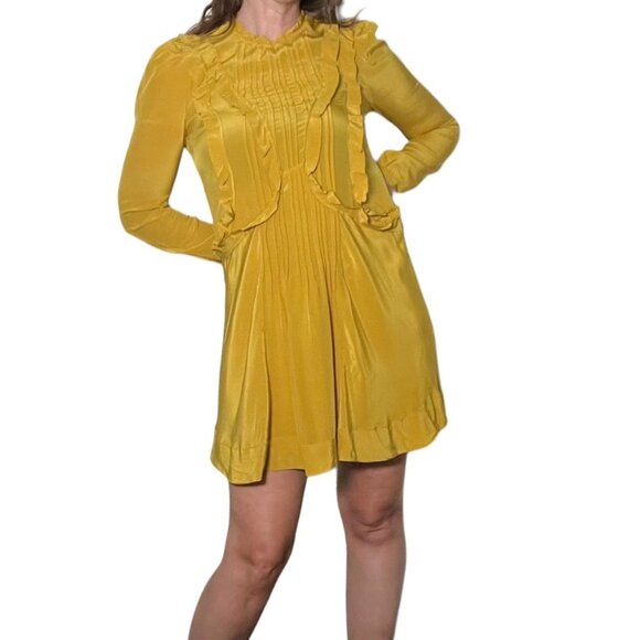 Isabel Marant Salvia Ruffle Mini Dress Silk Long Sleeve Party Yellow US 10 - Picture 1 of 16